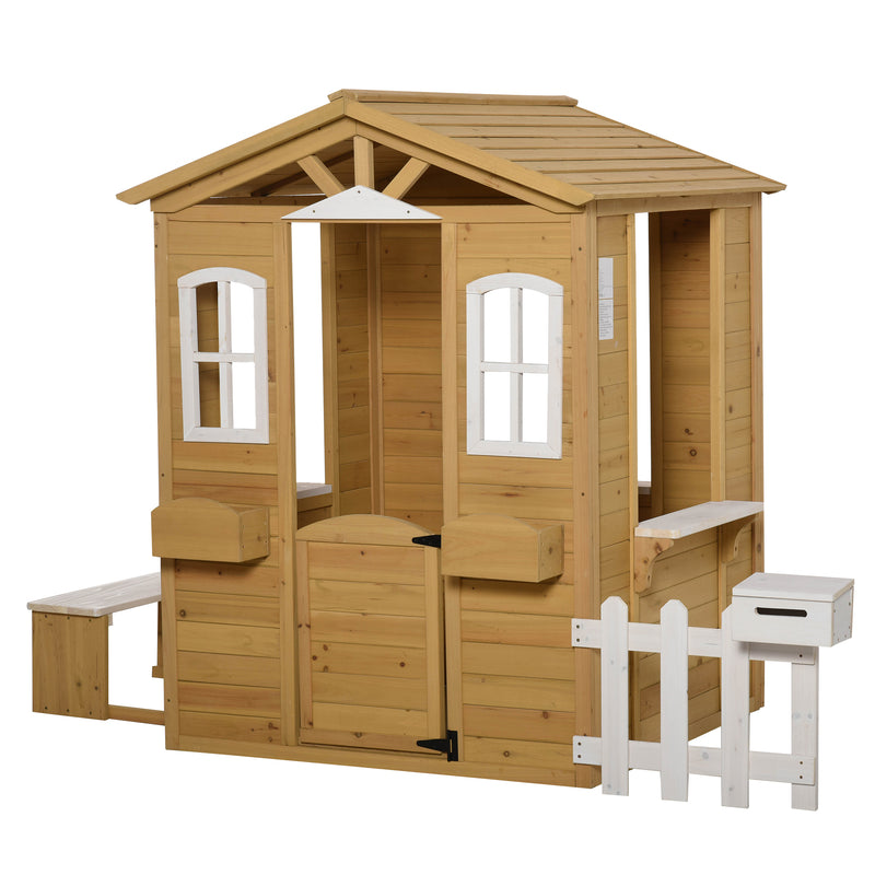Wooden Playhouse for Outdoor with Door Windows Mailbox Flower Pot Holder Serving Station Bench for Kids Children Toddlers Natural