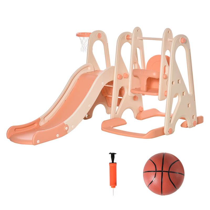 3 in 1 Design Kids Swing and Slide Set with Basketball Hoop Toddler Playground Play Set Fun Climber Set Activity Center Play Equipment Pink