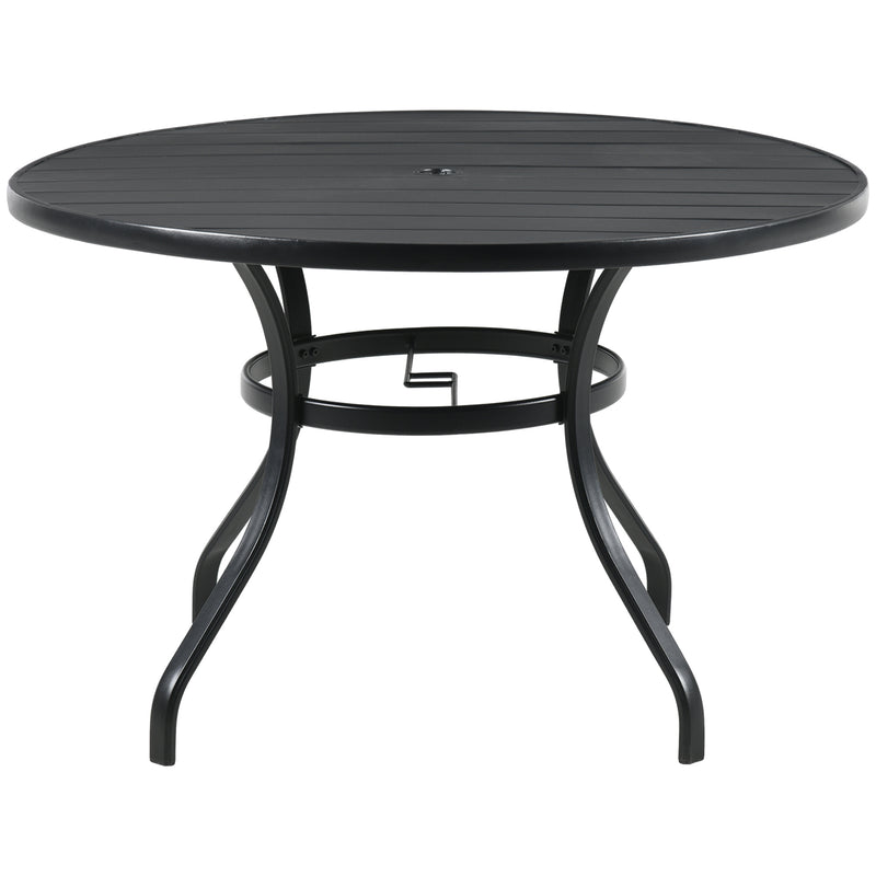 Garden Table with Parasol Hole, Outdoor Dining Garden Table for Four Persons, Round Patio Table with Slatted Metal Top, Black