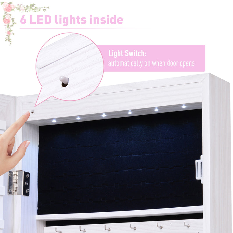 Mirrored Jewellery Storage Cabinet Door Mounted/Wall mounted Organiser Hanging Lockable w/ 6 Inner LED Lights White