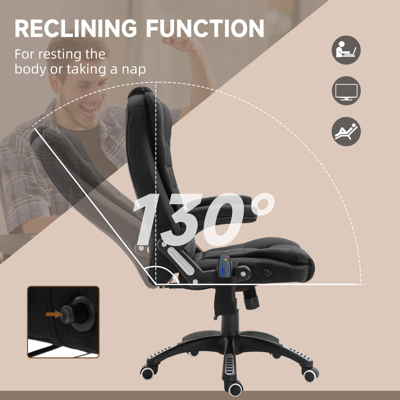 Massage Recliner Chair Heated Office Chair with Six Massage Points Linen-Feel Fabric 360° Swivel Wheels Black