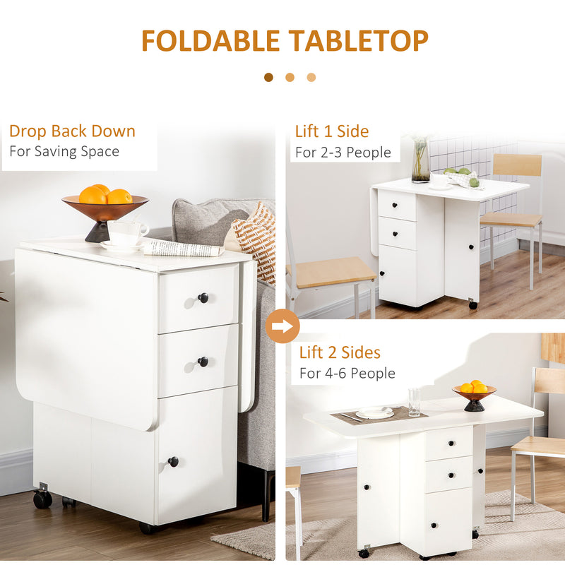 Folding Dining Table for 4-6, Rolling Drop Leaf Table with Storage Drawers, Cabinet and Open Shelf, Extendable Kitchen Table on Wheels, White
