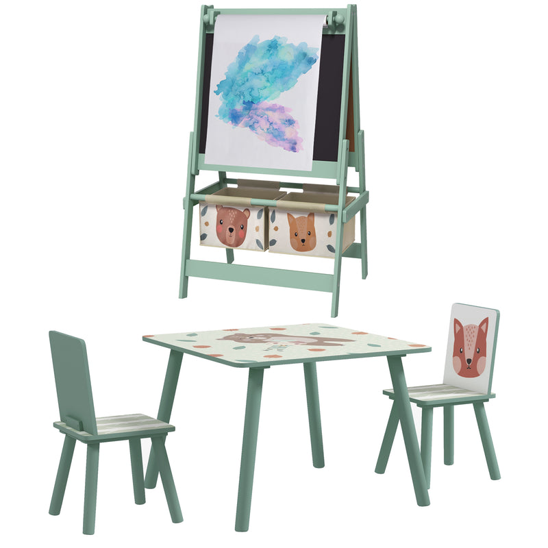 Kids Table and Chair Set and Kids Easel with Paper Roll, Storage Baskets, Kids Activity Furniture Set, Green