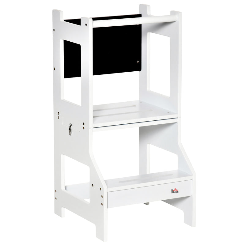2-in-1 Kids Step Stool, Toddler Table and Chair Set, with Safety Rail Chalkboard Kitchen Helper Standing Tower, White