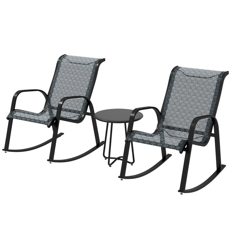 3 Pcs Garden Rocking Set w/ 2 Armchairs, Metal Top Coffee Table, Patio Bistro Set w/ Curved Armrests, Breathable Mesh Fabric Seat, Mixed Grey