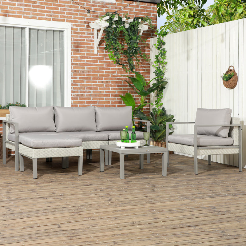 6 Pieces Patio Furniture Set with Sofa, Armchair, Stool, Metal Table, Cushions, for Outdoor, Light Grey