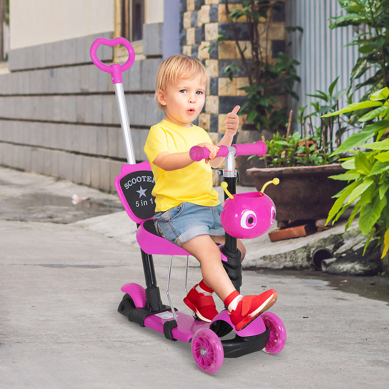 5-in-1 Kids Toddler 3 Wheels Mini Kick Scooter Push Walker with Removable Seat & Back Rest for Girls and Boys Pink