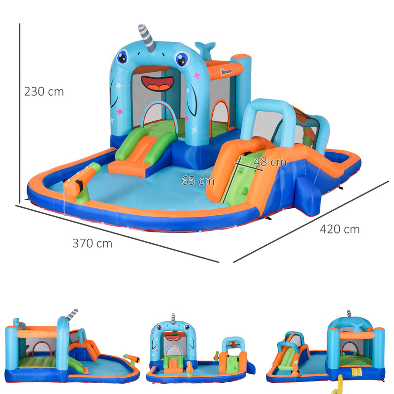 5 in 1 Kids Bounce Castle Narwhals Style Inflatable House with Slide Trampoline Pool Water Gun Climbing Wall with Inflator Carrybag