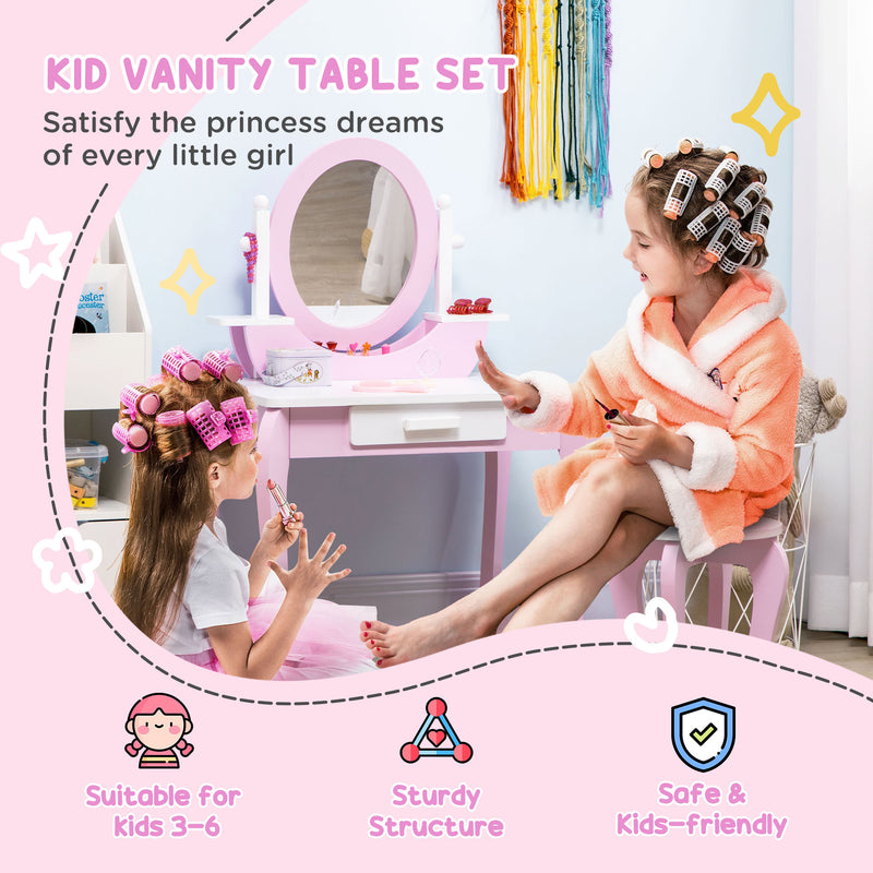 Kids Dressing Table Set Kids Vanity Set Girl Makeup Desk with Mirror Stool Drawer Round Legs for 3-6 Years Old, Pink