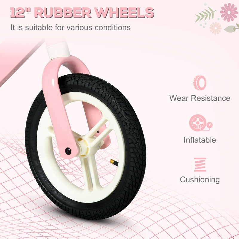 12" Kids Balance Bike, No Pedal Training Bike for Children with Adjustable Seat, 360° Rotation Handlebars - Pink