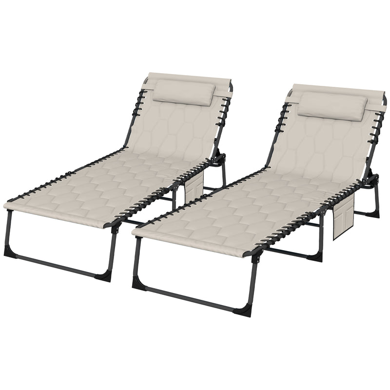 Foldable Sun Lounger Set with 5-level Reclining Back, Outdoor Tanning Chairs with Build-in Padded Seat, Outdoor Sun Loungers with Side Pocket, Headrest for Beach, Yard, Patio, Khaki