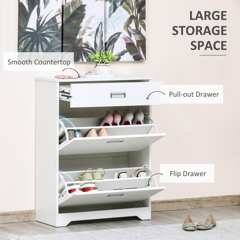 Tipping Shoe Cabinet Storage Rack Entryway Organizer with 2 Pull-Down Doors and Drawer Adjustable Shelf for Hallway Porch Narrow Space White