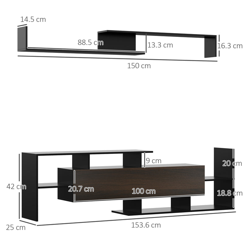 Modern TV Cabinet with Wall Shelf, TV Unit with Storage Shelf and Cabinet, for Wall-Mounted 65" TVs, Living Room Bedroom, Black and Dark Brown