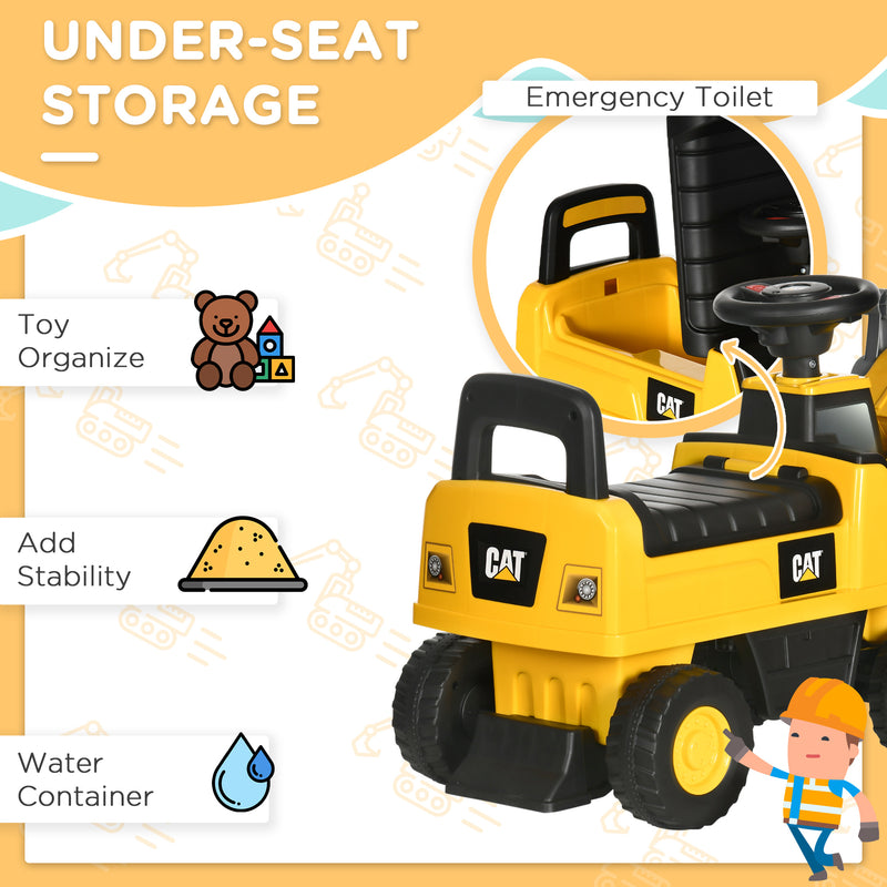 Licensed CAT Kids Construction Ride on with Manual Bucket, Toddler Digger Excavator with Horn Under Seat Storage, Foot to Floor Ride on Toy