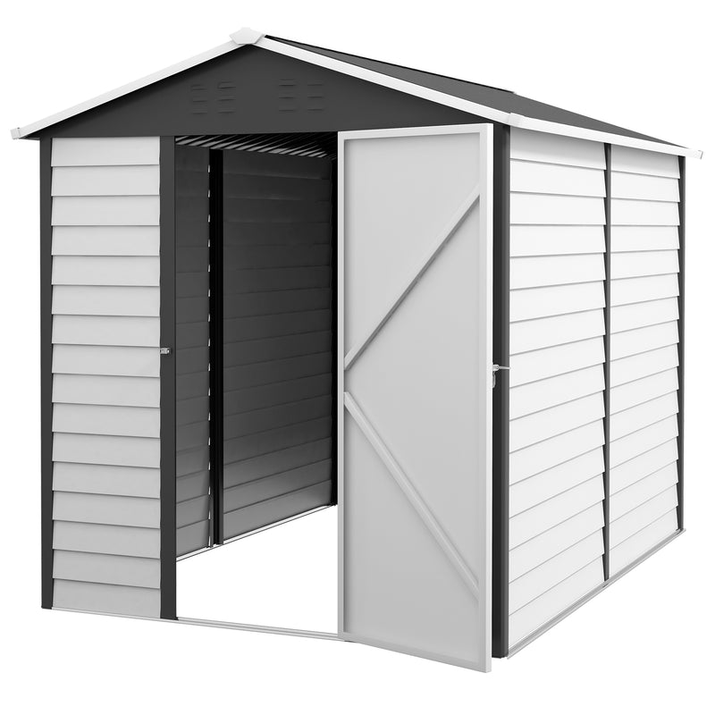 9x 6FT Metal Outdoor Garden Shed, Galvanised Tool Storage Shed w/ Sloped Roof, Lockable Door for Patio Lawn, Dark Grey