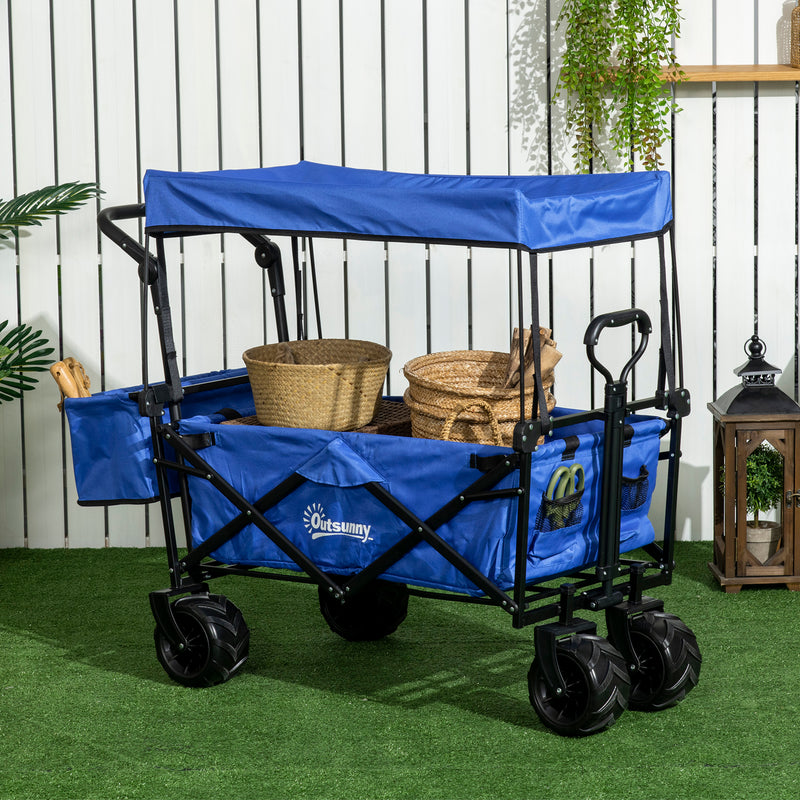 Folding Trolley Cart Storage Wagon Beach Trailer 4 Wheels with Handle Overhead Canopy Cart Push Pull for Camping, Blue