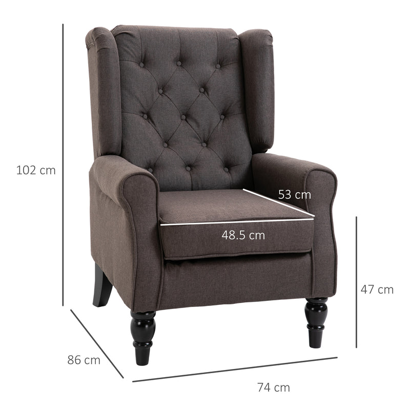 Retro Accent Chair, Wingback Armchair with Wood Frame Button Tufted Design for Living Room Bedroom, Brown