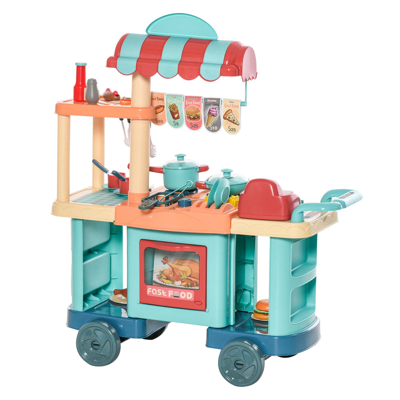 50 Pcs Kids Kitchen Play set Fast Food Trolley Cart Pretend Playset Toys with Play Food Money Cash Register Accessories Gift for Kids Age 3-6