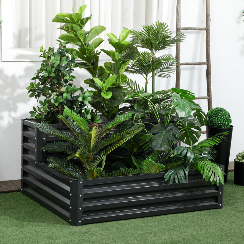 2 Tier Raised Garden Bed, Galvanised Planter Box with Open Bottom for Vegetables Flowers Herbs, 120x101x58cm, Dark Grey