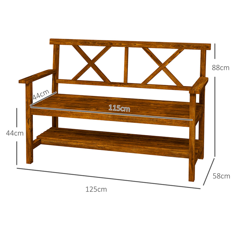 Wooden Garden Bench, 2-Seater Outdoor Bench with Storage Shelf, Backrest, Armrests and Slat Seat for Patio, Lawn, Deck, Carbonized