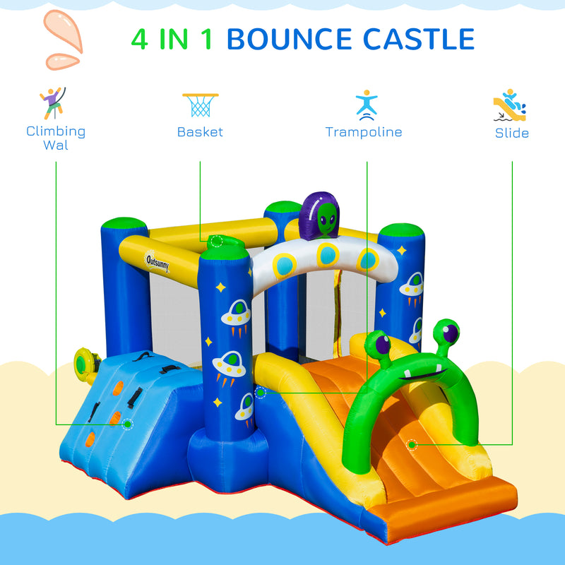 4 in 1 Kids Bounce Castle Large Alien-Style Inflatable House Slide Trampoline Climbing Wall Basket with for Kids Age 3-8, 3.2 x 2.4 x 2m
