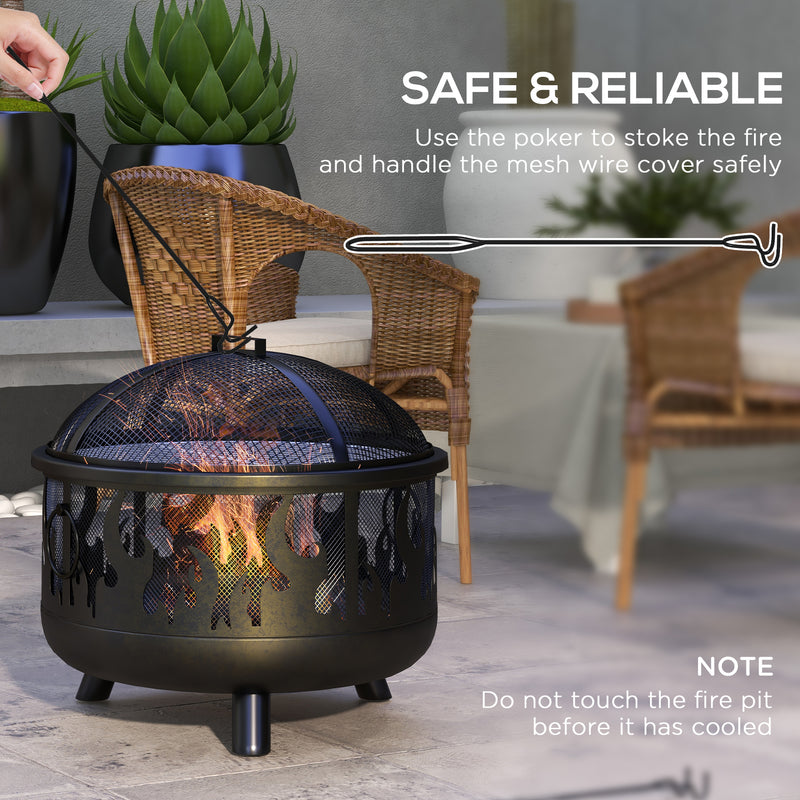 Metal Firepit Bowl Outdoor 2-In-1 Round Fire Pit w/ Lid, Grill, Poker, Handles for Garden, Camping, BBQ, Bonfire, Wood Burning Stove, 61.5 x 61.5 x 52cm, Black