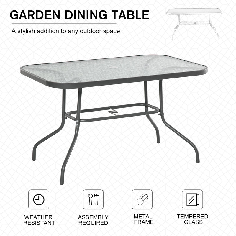Glass Top Garden Table Curved Metal Frame w/ Parasol Hole 4 Legs Outdoor Balcony Sturdy Friends Family Dining Table -Grey