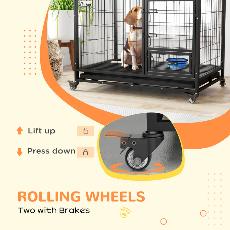 43" Heavy Duty Dog Crate on Wheels w/ Bowl Holder, Removable Tray, Detachable Top, Double Doors for L, XL Dogs