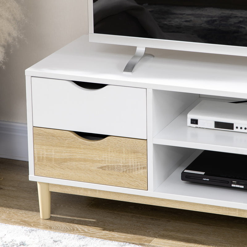 Modern TV Stand Unit for TVs up to 55" with Storage Shelves and Drawers, 120cmx40cmx44.5cm, White and Natural