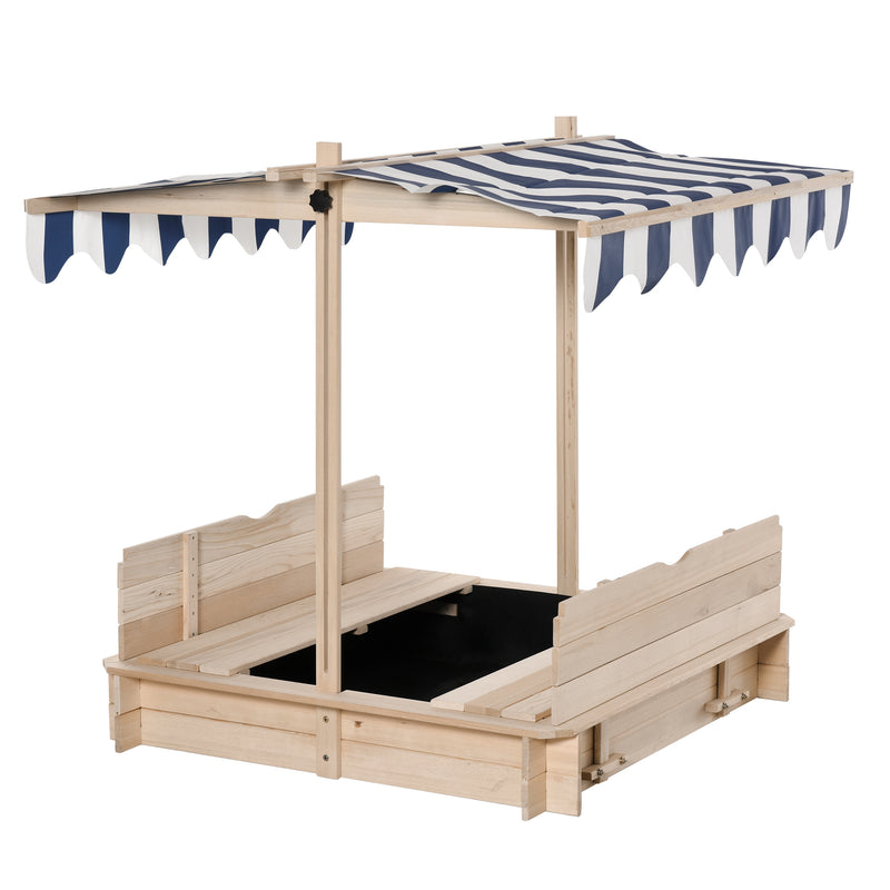 Children Cabana Sandbox Kids Square Wooden Sandpit Outdoor Backyard Playset Play Station Adjustable Canopy, 106x106x121cm