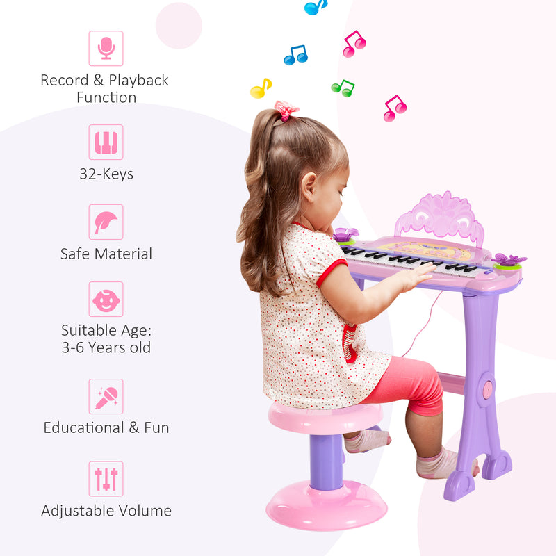 Mini Electronic Organ Piano W/Microphone and Stool-Purple/Pink