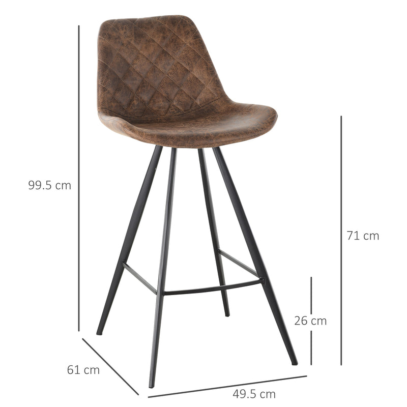 Set Of 2 Bar Stools Vintage Microfiber Cloth Tub Seats Padded Comfortable Steel Frame Footrest Quilted Home Cafe Kitchen Chair Stylish Brown