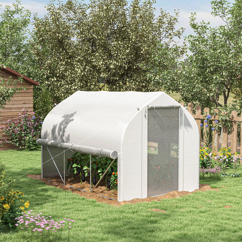 3 x 2m Walk-in Polytunnel Greenhouse, Zipped Roll Up Sidewalls, Mesh Door, Mesh Windows, Tunnel Warm House Tent w/ PE Cover, White