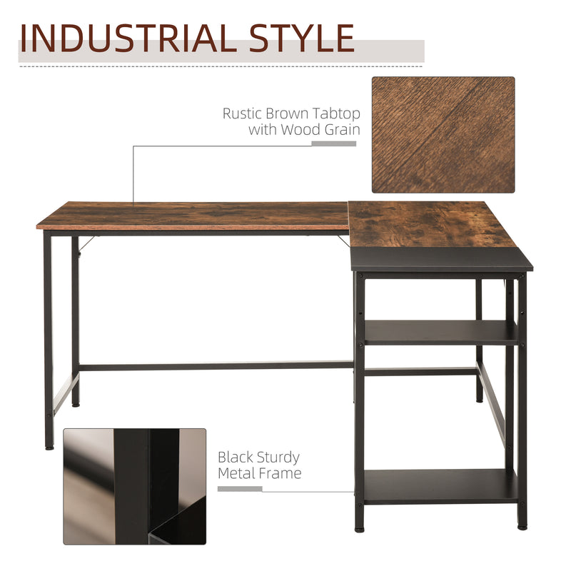 L-Shaped Computer Desk Industrial Cornor Writing Desk with Adjustable Storage Shelf Space-Saving Home Office Workstation Rustic Brown