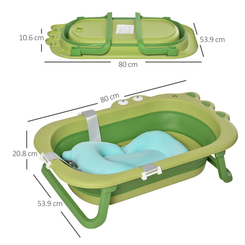 Baby Bath Tub for Toddler Kids Infant Ergonomic Foldable Secure Non-Slip Portable with Baby Cushion for 0-3 Years Green