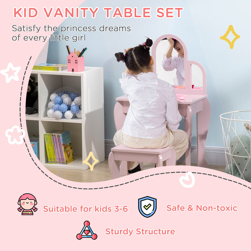 Kids Dressing Table with Mirror and Stool, Kids Vanity Set, Girl Makeup Desk with Drawer for 3-6 Years Old Children, Pink