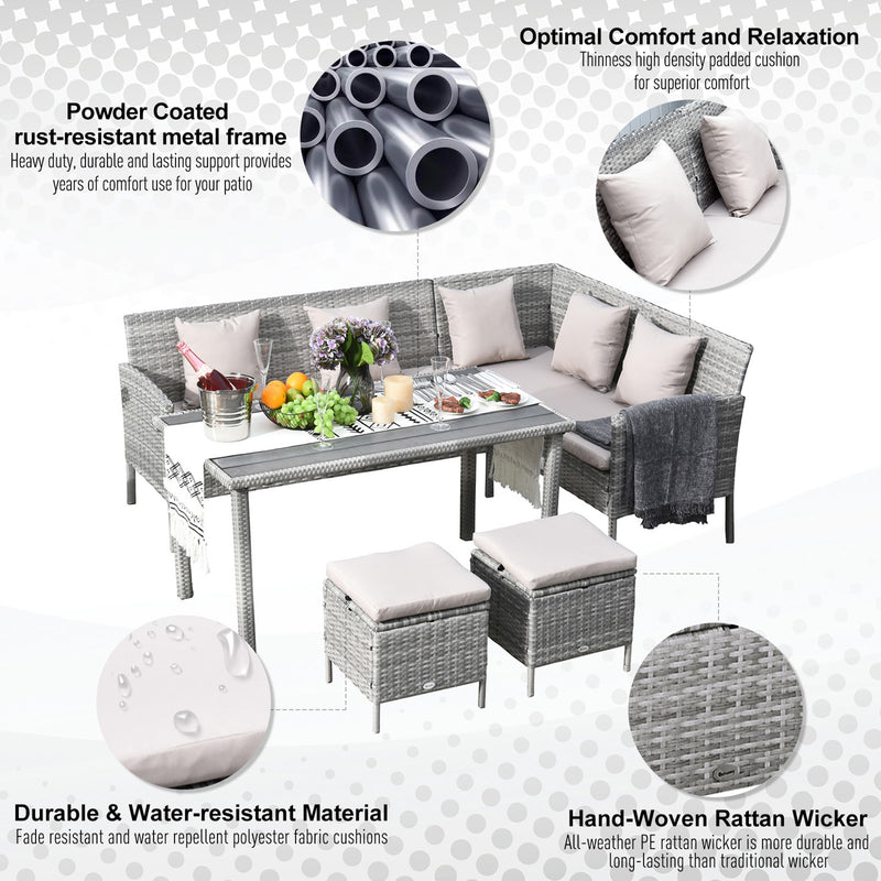 6-Seater Garden Outdoor Patio Rattan Corner Dining Set Wicker Sofa, Foot Stool, Dining Table with White Cushions, Mixed Grey