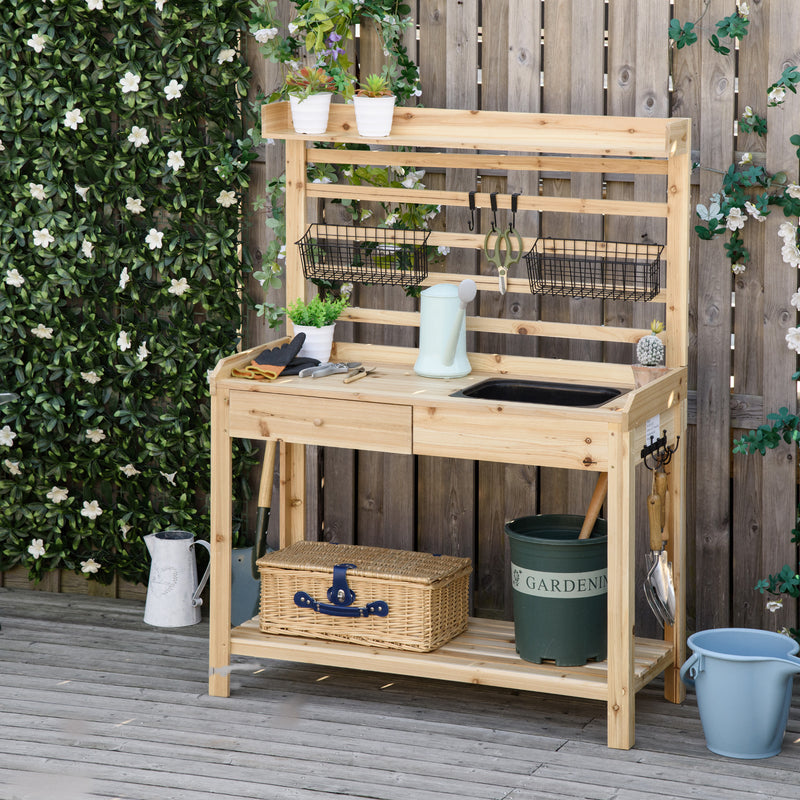 Potting Bench Table, Garden Work Bench, Workstation with Metal Sieve Screen, Removable Sink, Additional Hooks and Baskets for Patio, Balcony