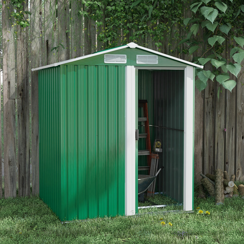 Garden Metal Tool Storage Shed with Sliding Door, Sloped Roof and Floor Foundation, 152 x 132 x 188cm, Green