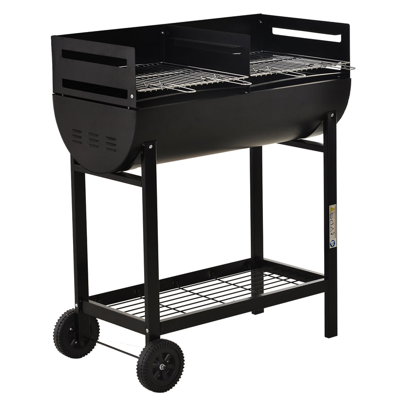Charcoal Barbecue Grill Garden BBQ Trolley w/ Dual Grill, Adjustable Grill Nets, Heat-resistant Steel, Wheels, Black