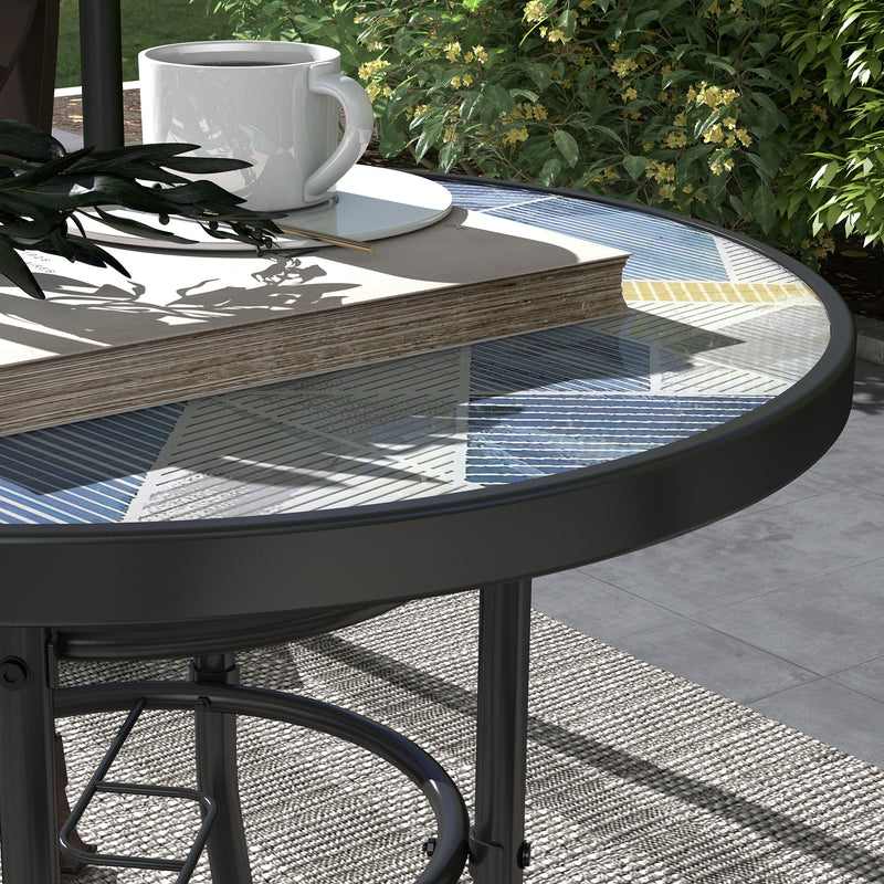 Tempered Glass Top Garden Table with Glass Printed Design, Steel Frame, Foot Pads for Porch, Balcony, Multicolour