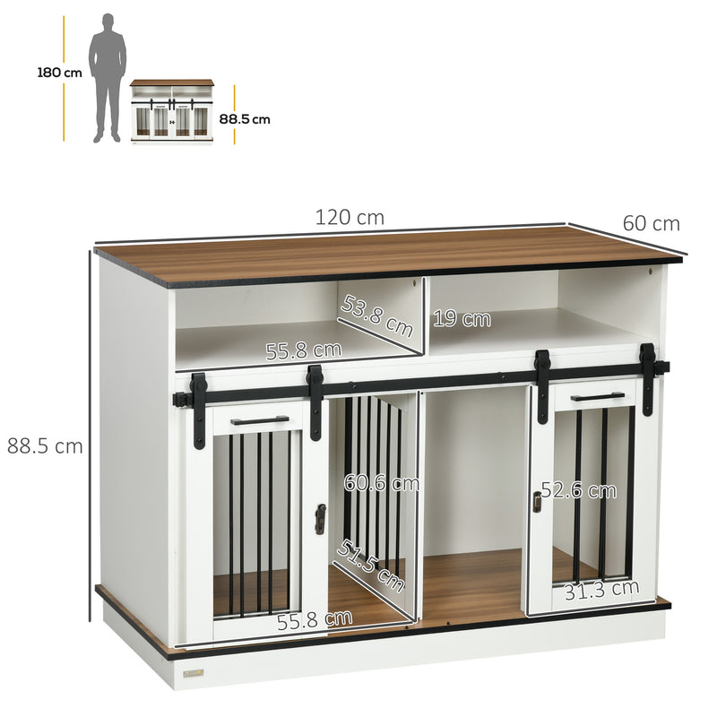Dog Crate Furniture for Small & Large Dogs with Movable Divider, Dog Cage End Table with Shelves, Sliding Doors, 120 x 60 x 88.5 cm, White