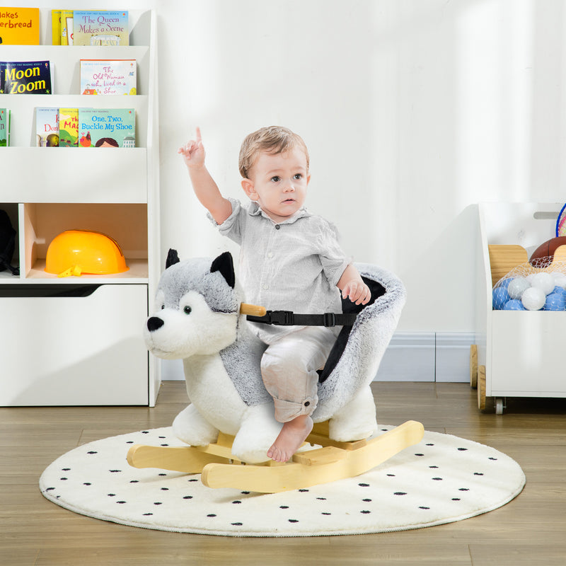 Baby Rocking Horse, Husky-shaped Plush Wooden Child Rocking Animal w/ Seat Belt, Ride on Toy for Kids 18-36 Months, Grey