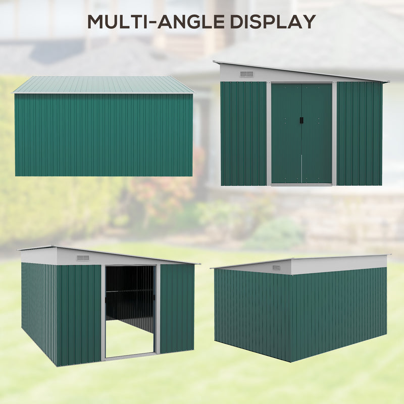 Garden Metal Storage Shed Outdoor Metal Tool House with Double Sliding Doors and 2 Air Vents, 11.3x9.2ft, Green