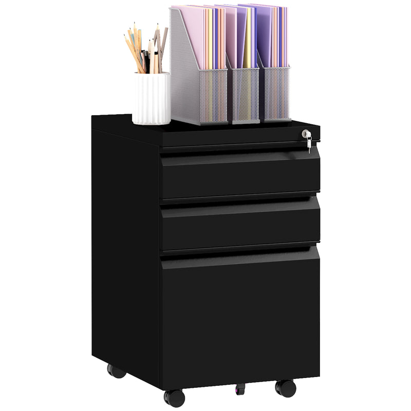 3-Drawer Mobile Filing Cabinet on Wheels w/ Pencil Tray, Steel Lockable File Cabinet w/ Adjustable Hanging Bar for A4, Legal Size, Black