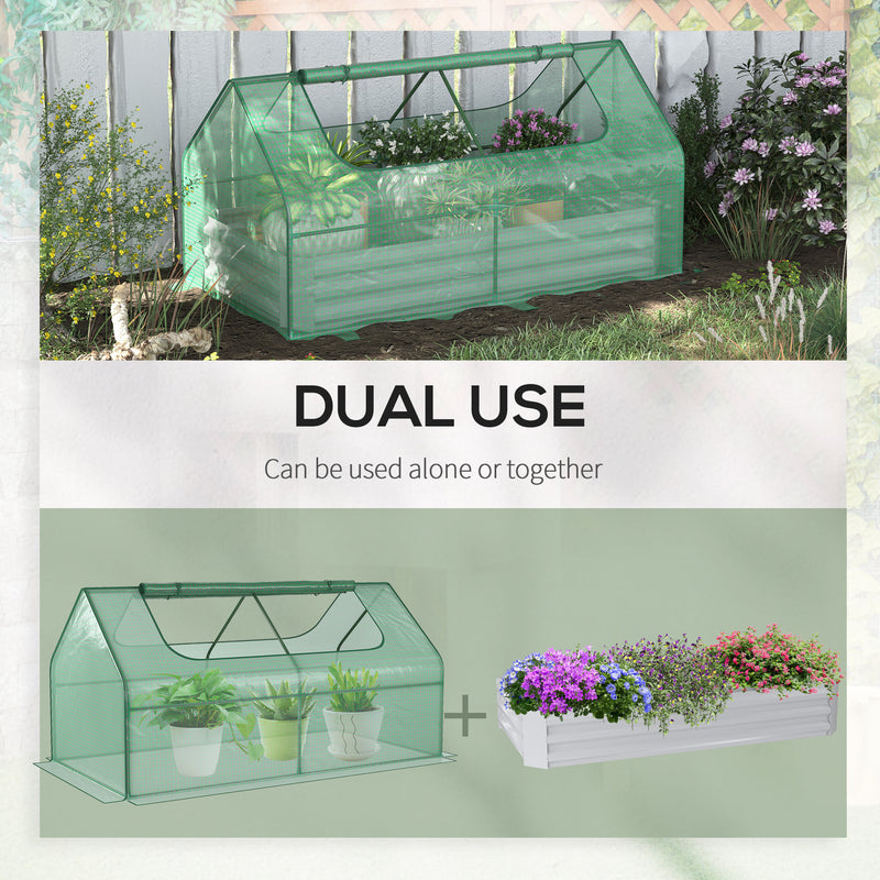 Raised Garden Bed w/ Greenhouse, Steel Planter Box w/ Plastic Cover, Roll Up Window, Dual Use for Flowers, Herbs, 185L x 95W x 92H cm, Green