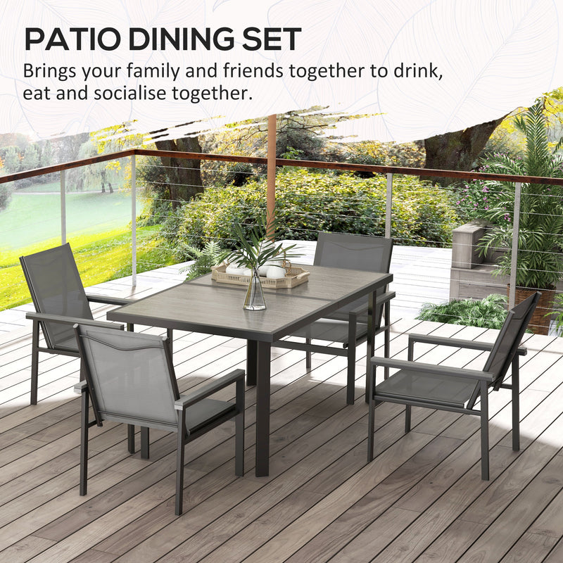 7 Pieces Garden Dining Set with Glass Top Dining Table, Outdoor Table and 6 Armchairs with Breathable Mesh Fabric Seats and Backrest, Wood-plastic Composite Armrests Top, Grey