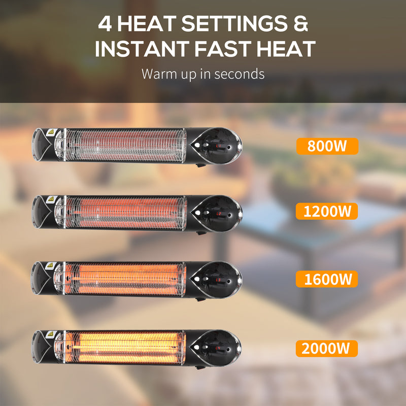 2000W Electric Infrared Patio Heater Wall Mounted Carbon Fibre Heater with Remote Control, 4 Heat Settings, 24-Hour Timer, Black