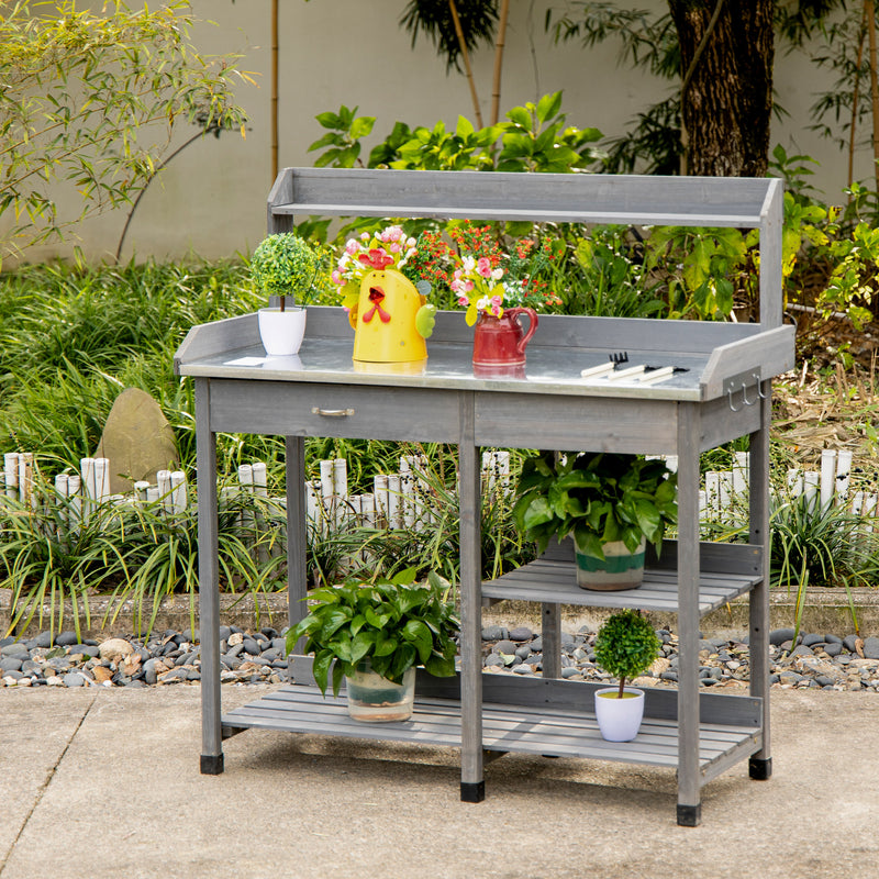Garden Potting Table, Wooden Workstation Bench w/ Galvanized Metal Tabletop, Drawer, Storage Shelves and Hooks for Courtyards, Balcony