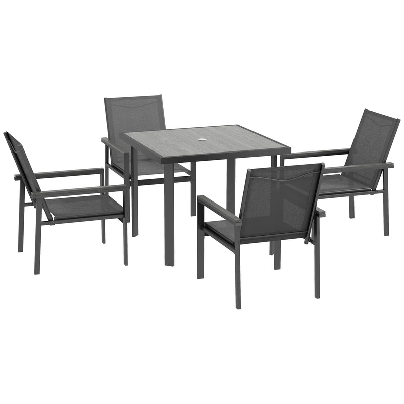 5 Pieces Garden Dining Set with Glass Top Dining Table, Outdoor Umbrella Hole Table and 4 Armchairs w/ Breathable Mesh Fabric Seats